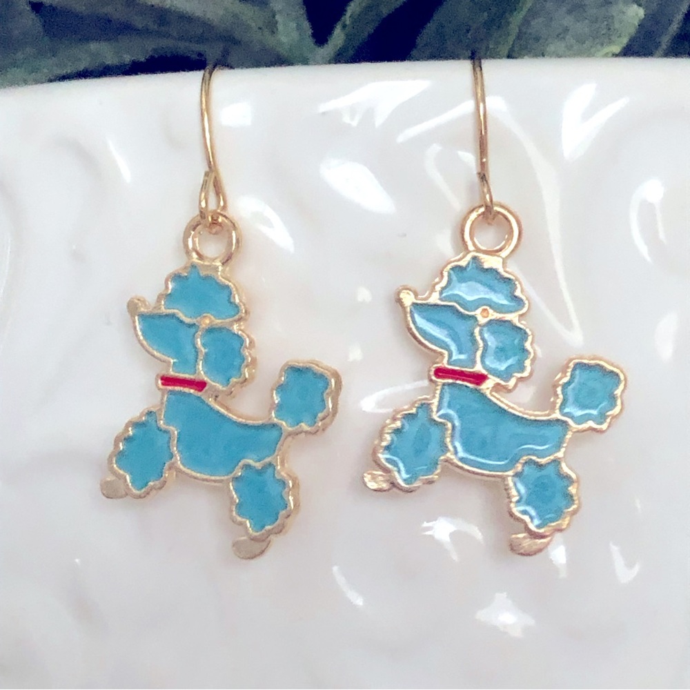 New Poodle Puppy Dog Dangle Drop Enamel Earrings Pastel Baby Blue Cute Fun Gift
